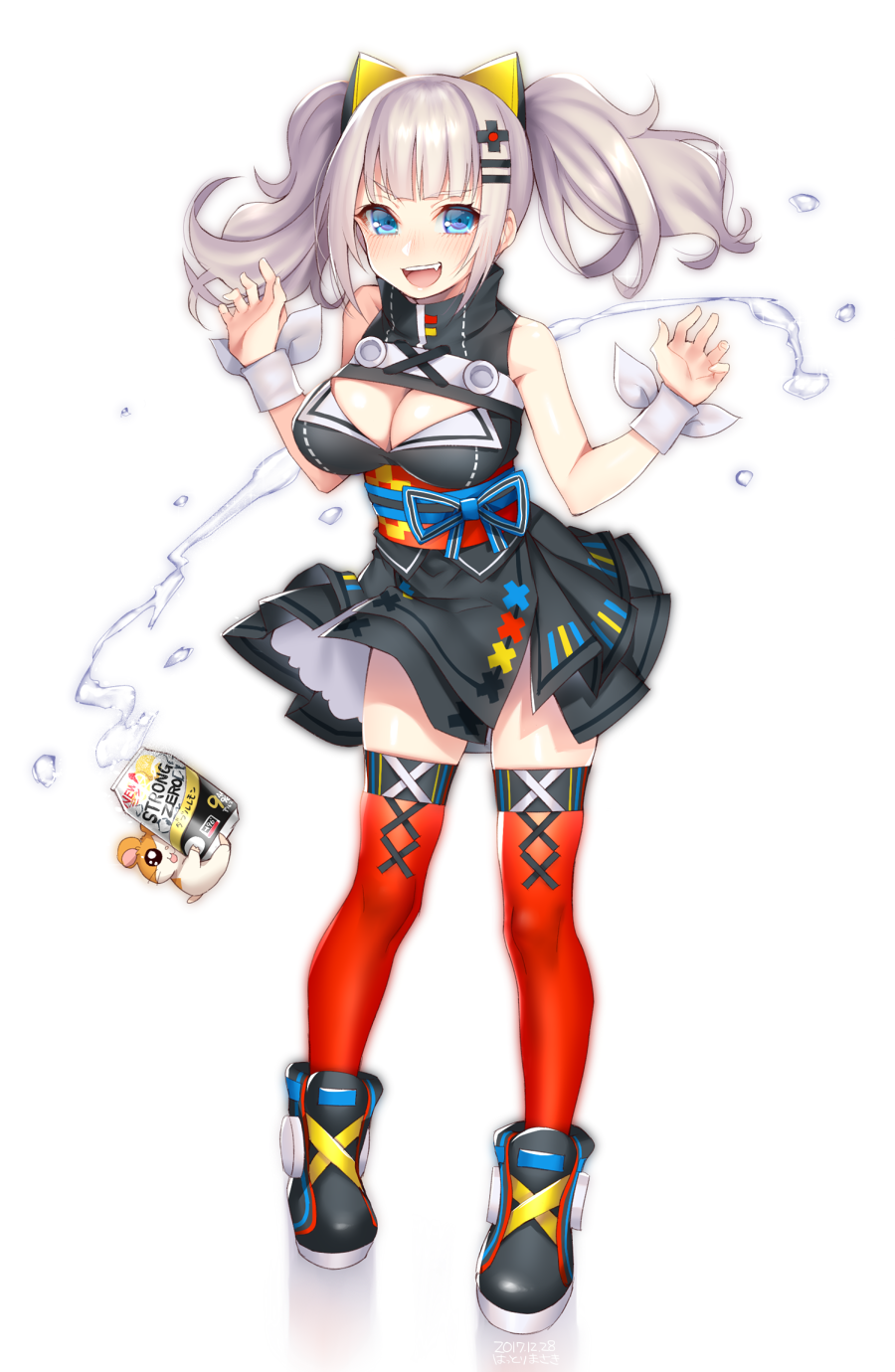 1girl :d black_skirt blue_eyes blush breasts can cleavage cleavage_cutout fang full_body hair_ornament hamster hattori_masaki highres kaguya_luna kaguya_luna_(character) looking_at_viewer medium_breasts open_mouth red_legwear shoes short_hair silver_hair simple_background skirt sleeveless smile solo standing thigh-highs twintails white_background wrist_cuffs zettai_ryouiki