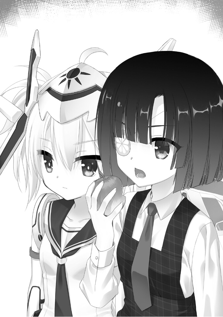 2girls :o :| apple bangs breasts closed_mouth eyebrows_visible_through_hair eyepatch eyes_visible_through_hair food fruit hidan_no_aria katze_grasset kobuichi loo mask mask_on_head multiple_girls necktie one_eye_covered robot robotic_parts school_uniform small_breasts twintails