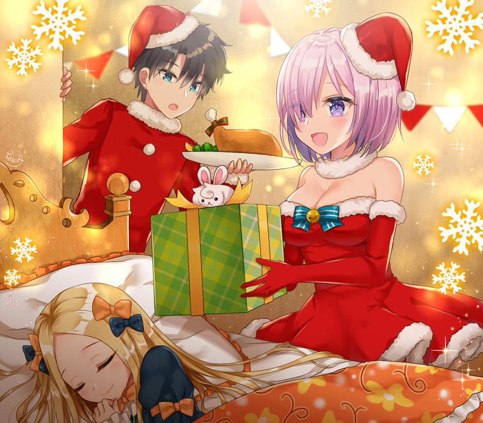1boy 2girls :d abigail_williams_(fate/grand_order) bangs bed bell black_bow black_dress black_hair blonde_hair blue_eyes blurry blurry_background blush bow box breasts chicken_leg christmas cleavage closed_eyes closed_mouth commentary_request depth_of_field dress elbow_gloves eyebrows_visible_through_hair eyes_visible_through_hair fate/grand_order fate_(series) forehead fou_(fate/grand_order) frilled_pillow frills fujimaru_ritsuka_(male) fur-trimmed_dress fur-trimmed_gloves fur-trimmed_hat fur-trimmed_shirt fur_collar fur_trim gift gift_box gloves hair_between_eyes hair_bow hair_over_one_eye hat holding holding_gift holding_plate jingle_bell juliet_sleeves large_breasts long_hair long_sleeves lying mash_kyrielight multiple_girls naomi_(fantasia) on_side open_mouth orange_bow parted_bangs pennant pillow pink_hair plate polka_dot polka_dot_bow puffy_sleeves red_dress red_gloves red_hat red_shirt santa_costume santa_gloves santa_hat shirt smile snowflakes strapless strapless_dress string_of_flags under_covers violet_eyes
