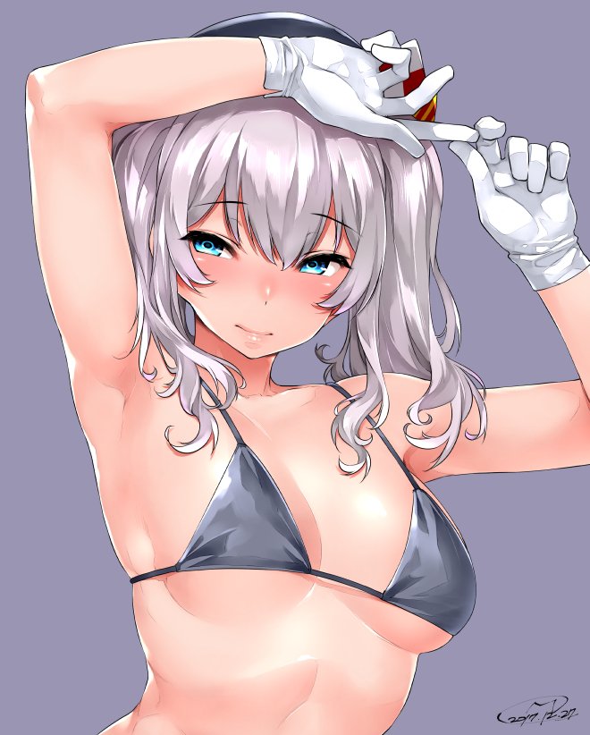 1girl armpits bangs beret bikini bikini_top black_bikini black_bikini_top black_hat blue_eyes blush breasts breasts_apart closed_mouth collarbone eyebrows_visible_through_hair gloves grey_hair happa_(cloverppd) hat kantai_collection kashima_(kantai_collection) lips looking_at_viewer medium_breasts nose_blush purple_background signature silver_hair simple_background smile solo string_bikini swimsuit tsurime twintails under_boob upper_body wavy_hair white_gloves