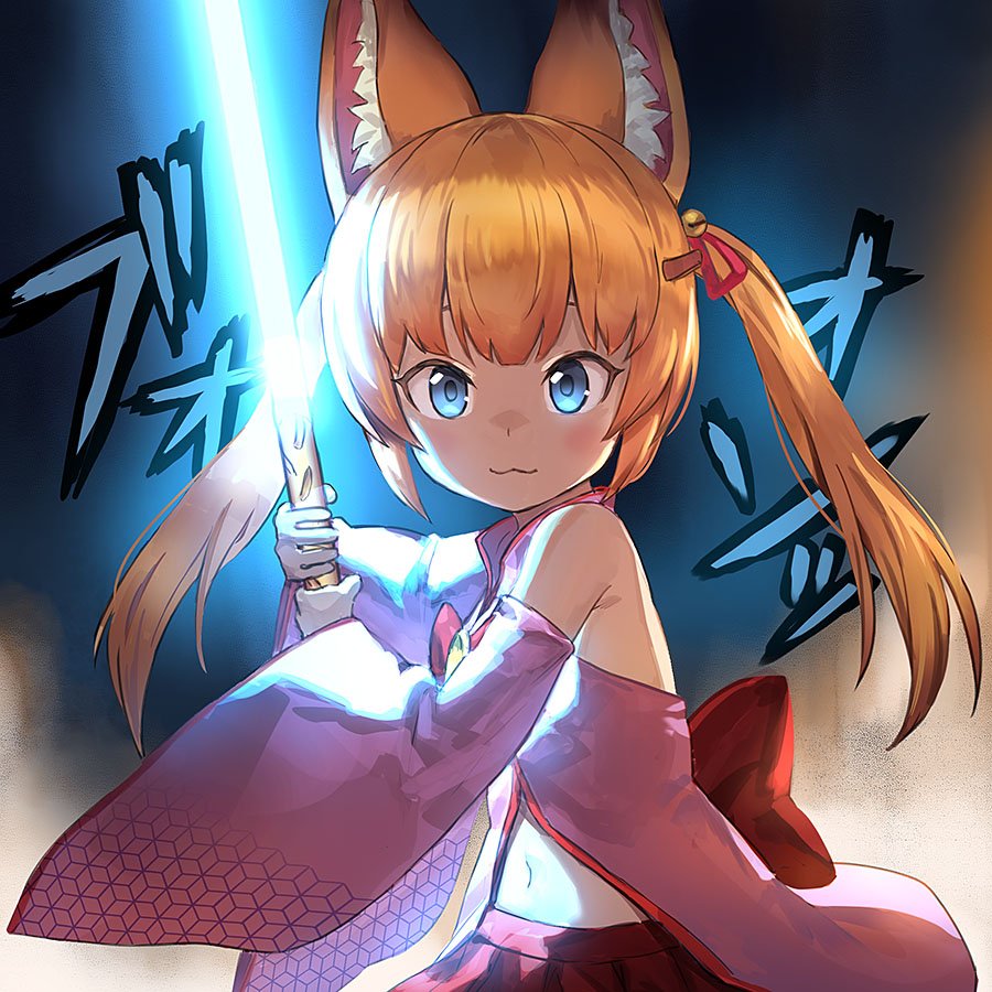 1girl :3 animal_ears blue_eyes breasts commentary_request detached_sleeves energy_sword food food_request fox_ears guchico hair_ornament hairclip kemomimi_vr_channel lightsaber long_hair looking_at_viewer nekomasu_(kemomimi_vr_channel) orange_hair pocky solo star_wars sword twintails weapon wide_sleeves