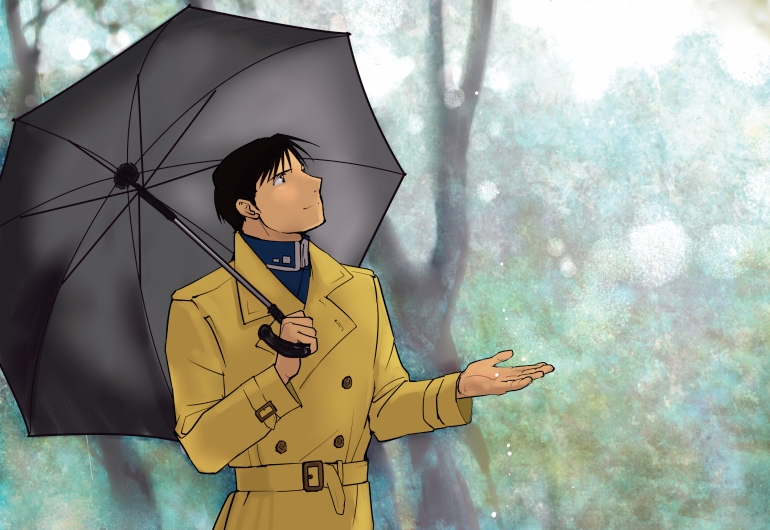 1boy belt black_eyes black_hair blurry blurry_background brown_coat coat fullmetal_alchemist grey_umbrella looking_up male_focus military military_uniform outstretched_hand roy_mustang serious short_hair simple_background smile standing tree umbrella uniform