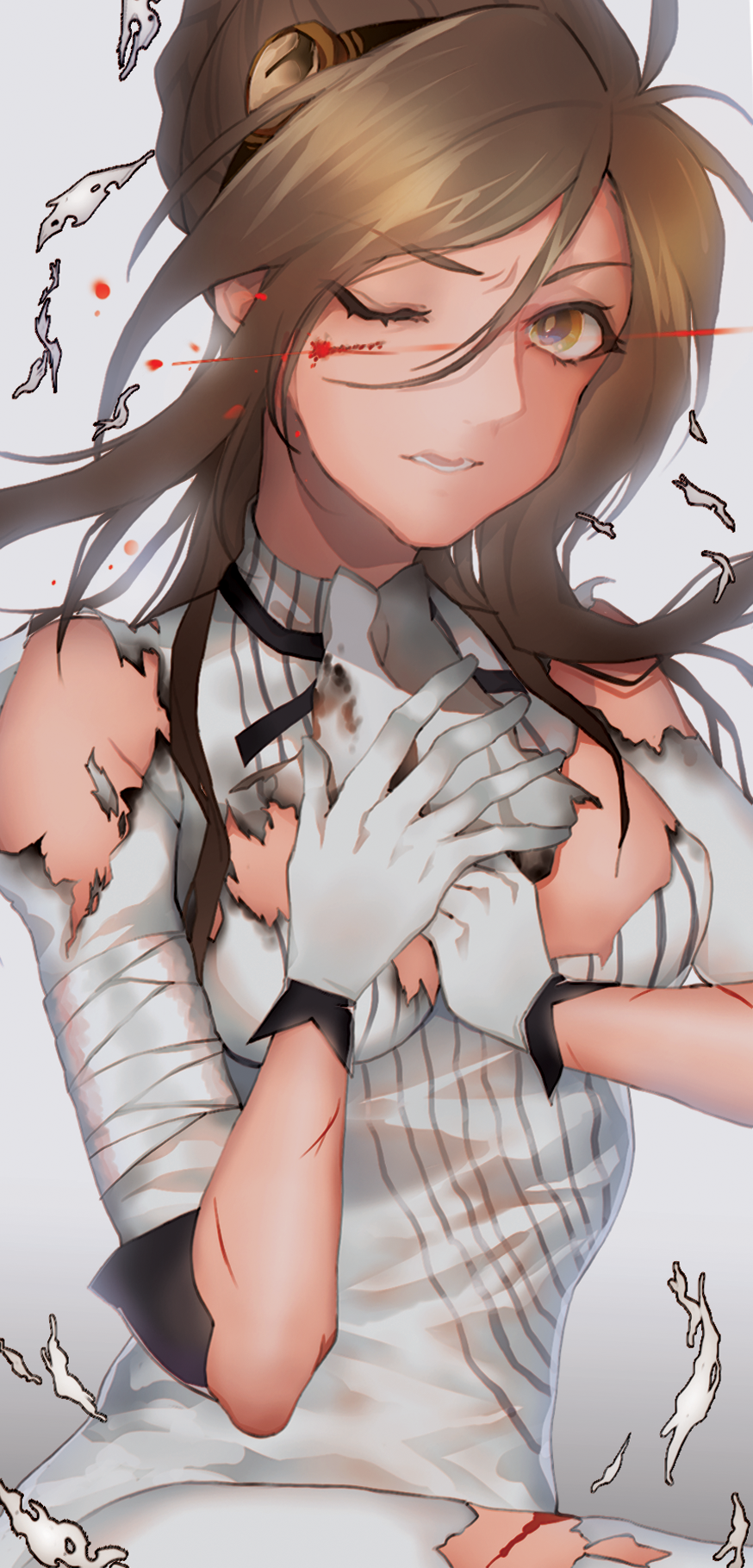 1girl bandage bandaged_arm bangs blood blood_on_face boots braid breasts brown_hair collarbone damaged dress erect_nipples eyebrows eyes_visible_through_hair french_braid girls_frontline gloves green_eyes grey_background gun hair_ornament hand_on_own_chest hand_up highres injury large_breasts lee-enfield lee-enfield_(girls_frontline) long_hair looking_at_viewer military military_uniform multiple_views one_leg_raised open_mouth pants parted_bangs peanutc ribbon rifle shirt simple_background sitting solo torn_clothes uniform weapon white_background white_gloves white_legwear white_pants white_shirt