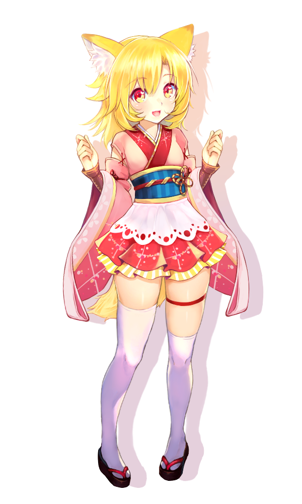 1girl :d animal_ears asymmetrical_legwear bangs blonde_hair clenched_hands detached_sleeves eyebrows_visible_through_hair fox_ears fox_girl fox_tail full_body japanese_clothes kimono layered_skirt long_hair looking_at_viewer multicolored multicolored_eyes naomi_(sekai_no_hate_no_kissaten) obi open_mouth original red_eyes sash silhouette simple_background skirt smile solo standing tail thigh-highs thigh_strap white_background white_legwear wide_sleeves yellow_eyes zouri
