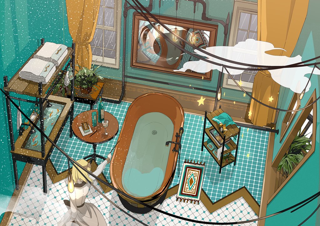 1girl bathroom bathtub blonde_hair bottle bow brown_bow commentary_request cup curtains doorway dress drinking_glass fish from_above goldfish hair_bow holding holding_wand indoors long_sleeves lowe_(slow) mirror orange_curtains original outstretched_arm plant potted_plant round_table rug shelf short_hair solo stairs standing table tile_floor tiles wand water white_dress wine_bottle wine_glass