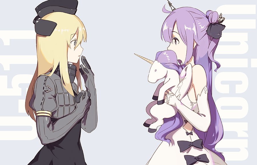 azur_lane bare_shoulders black_skirt blonde_hair bridal_gauntlets character_name commentary_request crop_top crossover dress elbow_gloves eye_contact gloves grey_gloves hair_ornament hand_to_own_mouth hat high-waist_skirt kantai_collection long_hair looking_at_another parted_lips puffy_short_sleeves puffy_sleeves purple_hair short_sleeves skirt stuffed_animal stuffed_toy stuffed_unicorn truc_bui u-511_(kantai_collection) unicorn_(azur_lane) very_long_hair white_dress white_gloves