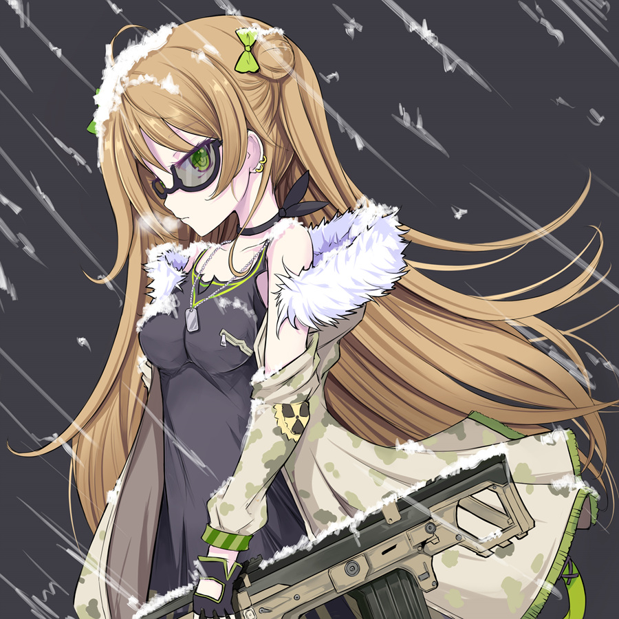 1girl ahoge assault_rifle bangs black_gloves blush bow breasts brown_hair bullpup choker closed_mouth collarbone dog_tags double_bun dress earrings expressionless eyebrows_visible_through_hair fingerless_gloves floating_hair fur-trimmed_jacket fur_trim girls_frontline glasses gloves green_eyes gun hair_bow heavy_breathing holding holding_gun holding_weapon jacket jewelry kel-tec kel-tec_rfb long_hair looking_at_viewer medium_breasts multiple_earrings necklace off_shoulder rfb_(girls_frontline) rifle semi-rimless_eyewear smile snow snow_on_body snow_on_head solo vils weapon wind wind_lift
