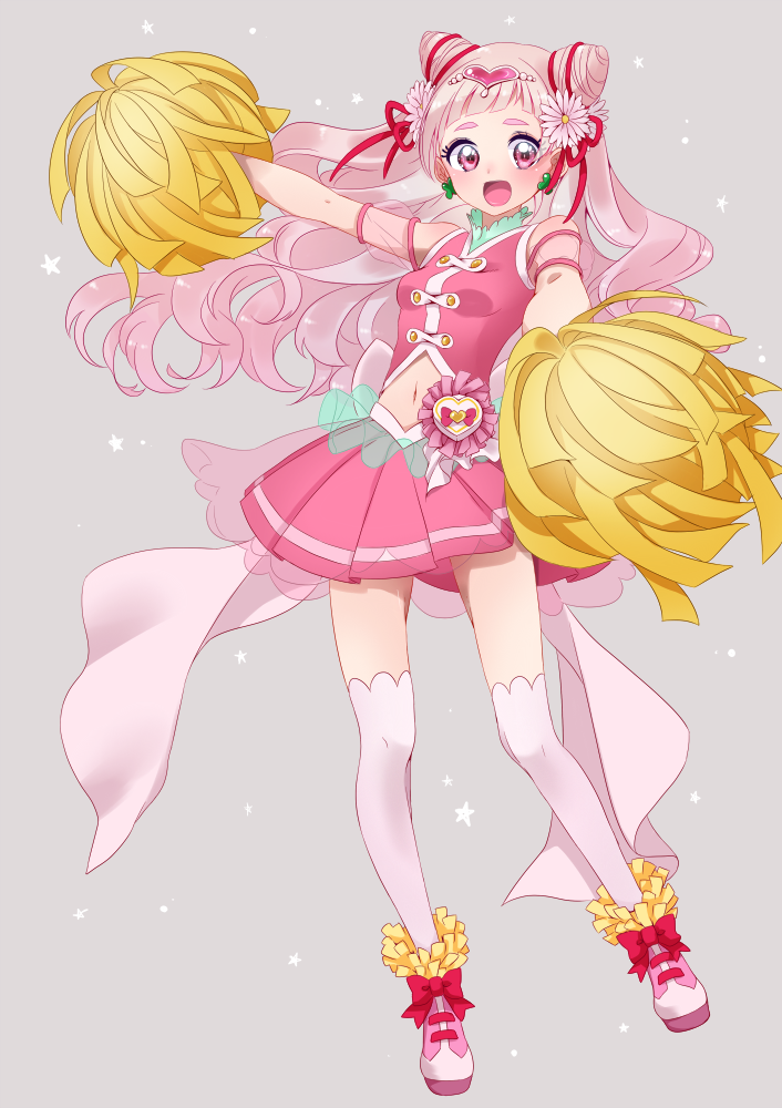 1girl 8041mm :d cure_yell double_bun earrings full_body grey_background hair_ornament hair_ribbon heart_hair_ornament hugtto!_precure jewelry layered_skirt long_hair looking_at_viewer nono_hana open_mouth pink_eyes pink_footwear pink_hair pink_shirt pink_skirt pleated_skirt pom_poms precure red_ribbon ribbon shirt shoes simple_background skirt sleeveless sleeveless_shirt smile solo standing thigh-highs white_legwear zettai_ryouiki