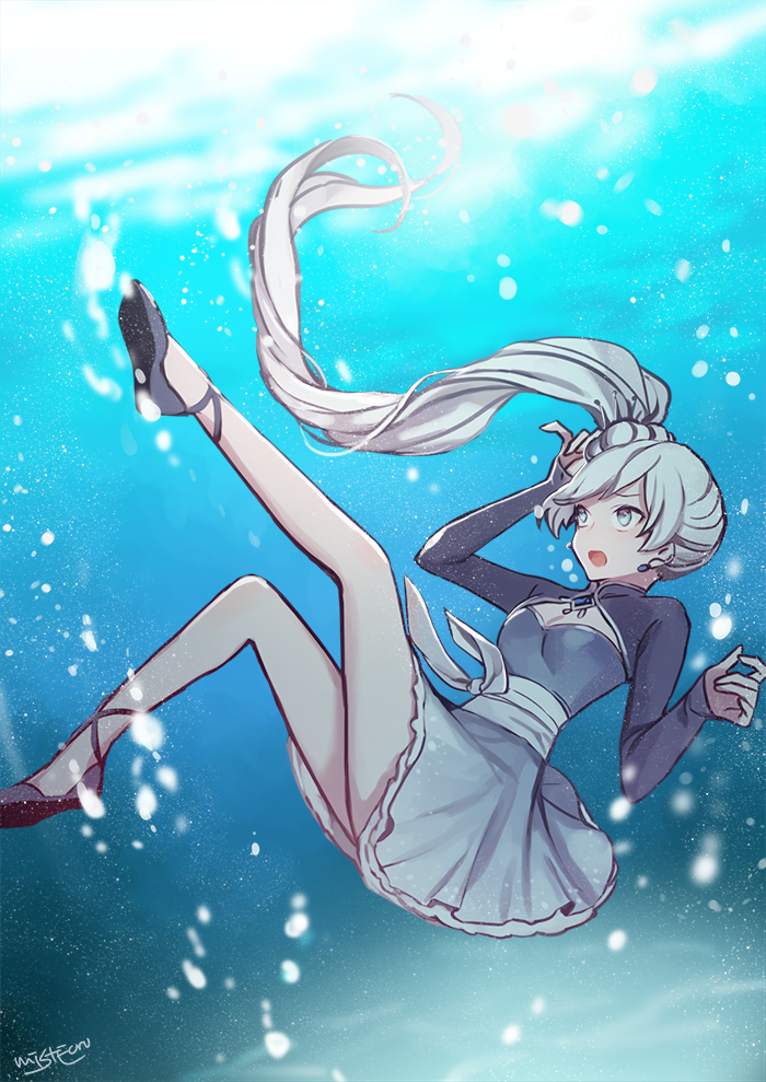 1girl blue_eyes breasts cleavage ecru falling ponytail rwby solo water weiss_schnee white_hair
