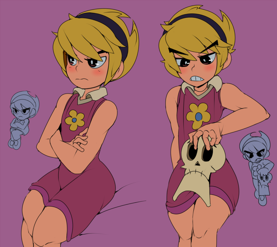 1girl blonde_hair blush captain_kirb clenched_teeth collared_dress commentary crossed_arms d: dress frown grim_(grim_adventures) hairband holding_skull looking_at_another looking_away looking_down mandy multiple_views open_mouth purple_background purple_dress short_hair simple_background sitting skull teeth the_grim_adventures_of_billy_&amp;_mandy upper_body violet_eyes