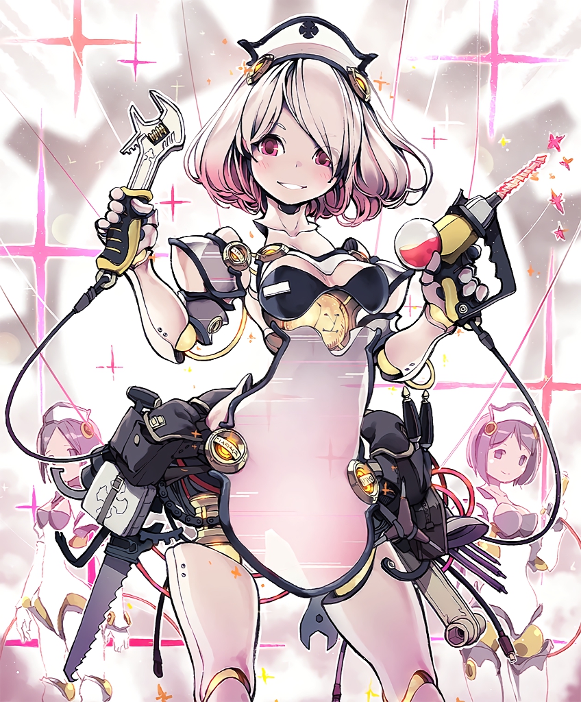 3girls android artist_request cable crowbar cygames drill eyebrows_visible_through_hair eyes_visible_through_hair gears grin mechanized_servant medium_hair multiple_girls official_art parts_exposed pink_eyes pink_hair robot_joints saw screwdriver see-through shadowverse shingeki_no_bahamut smile sparkle tool_belt tools wrench