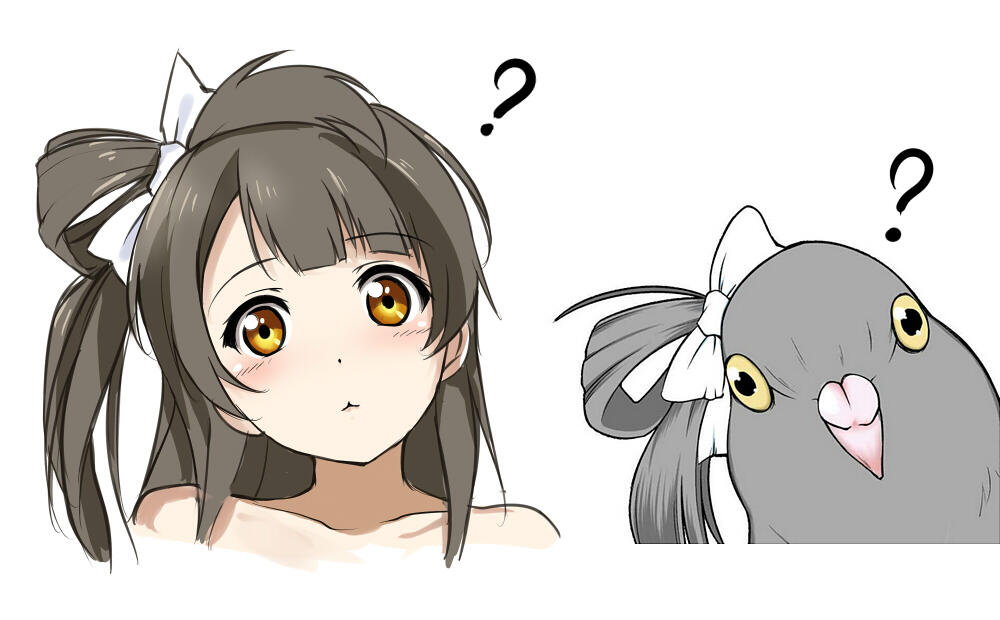 1girl :3 ? bangs bird blunt_bangs blush bow caidychen closed_mouth collar commentary_request eyebrows_visible_through_hair grey_hair hair_bow head_tilt long_hair love_live! love_live!_school_idol_project minami_kotori nude parody pigeon simple_background white_background yellow_eyes