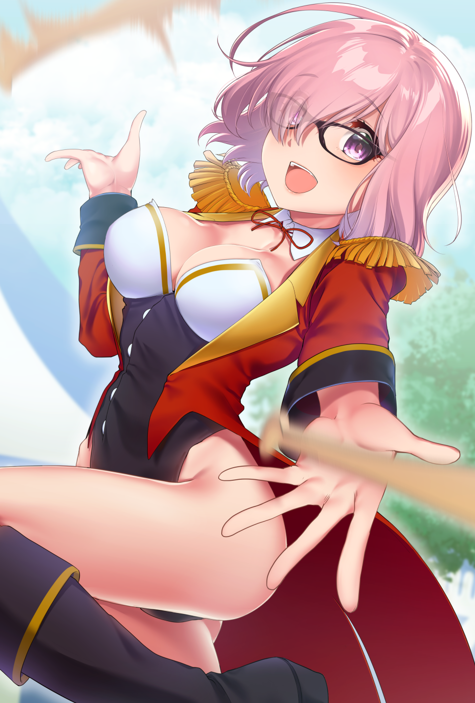 1girl black-framed_eyewear boots breasts cleavage clouds coat detached_collar dutch_angle epaulettes eyes_visible_through_hair fate/grand_order fate_(series) glasses hair_over_one_eye highleg highleg_leotard highres hisayaki_kyuu juggling juggling_club lavender_hair leg_up leotard mash_kyrielight medium_breasts open_mouth outdoors purple_hair short_hair solo violet_eyes