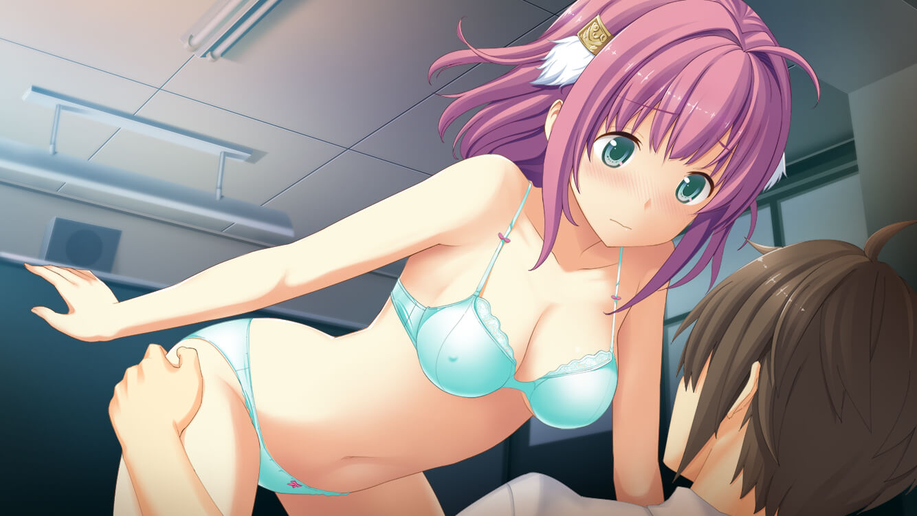 1boy 1girl ao_no_kanata_no_four_rhythm_-es- ass_grab bangs bent_over blue_eyes bow bow_panties bra breasts classroom cleavage closed_mouth eyebrows_visible_through_hair game_cg green_bra green_panties hair_ornament ichinose_rika indoors light_frown looking_at_another medium_breasts panties purple_hair short_hair standing straddling suzumori underwear underwear_only wavy_mouth