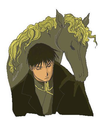 1boy animal black_hair closed_eyes coat expressionless fullmetal_alchemist horse lowres male_focus military military_uniform roy_mustang short_hair simple_background standing uniform white_background
