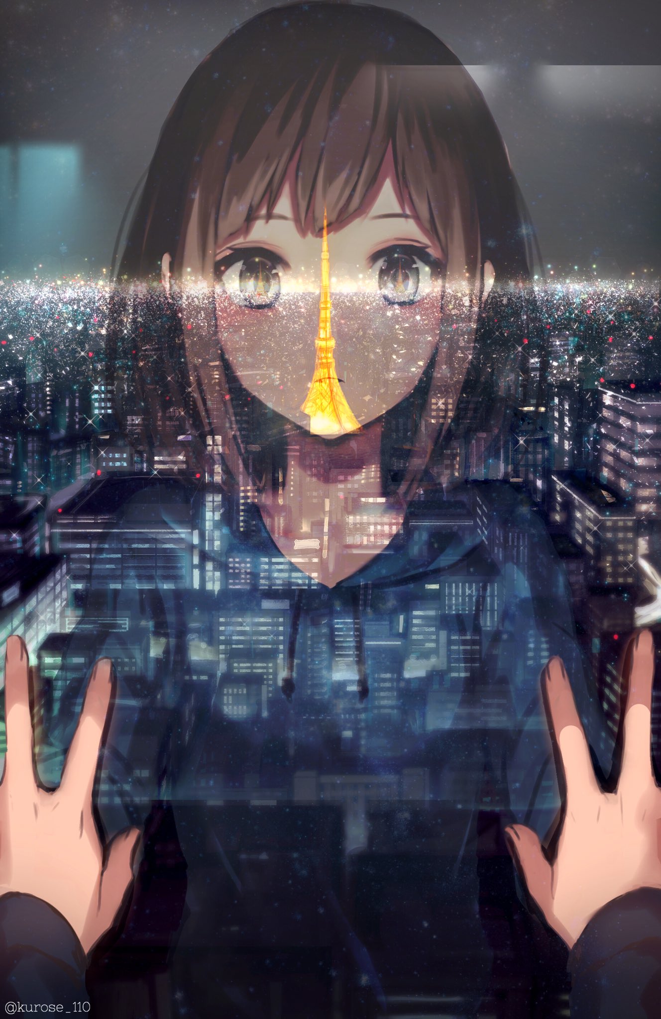 1girl bangs blue_hoodie brown_eyes brown_hair cityscape commentary_request drawstring hands_on_window highres looking_at_viewer night night_sky original pov reflection ria_(akl14) short_hair sky solo sparkle star_(sky) starry_sky tokyo_tower window