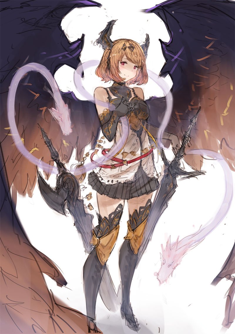 1girl bare_shoulders black_wings boots dark_angel_olivia elbow_gloves gloves granblue_fantasy hanarito orange_hair red_eyes short_hair simple_background snake solo sword thigh-highs thigh_boots weapon white_background wings