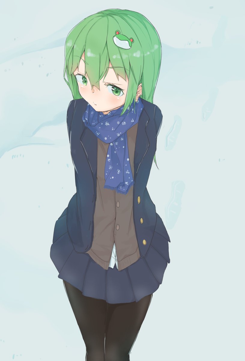 1 alternate_outfit blush cardigan footprints frog girl green_eyes green_hair kochiya_sanae long_hair noric pantyhose scarf skirt snow touhou