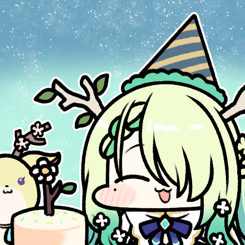 1girl antlers birthday_cake blue_ribbon blush braid braided_bangs breasts cake ceres_fauna chibi closed_eyes flower food gradient_hair green_hair hair_flower hair_ornament hat hololive hololive_english jazz_jack large_breasts long_hair lowres mole mole_under_eye multicolored_hair nemu_(ceres_fauna) one_eye_closed open_mouth party_hat ribbon smile solo virtual_youtuber yellow_eyes