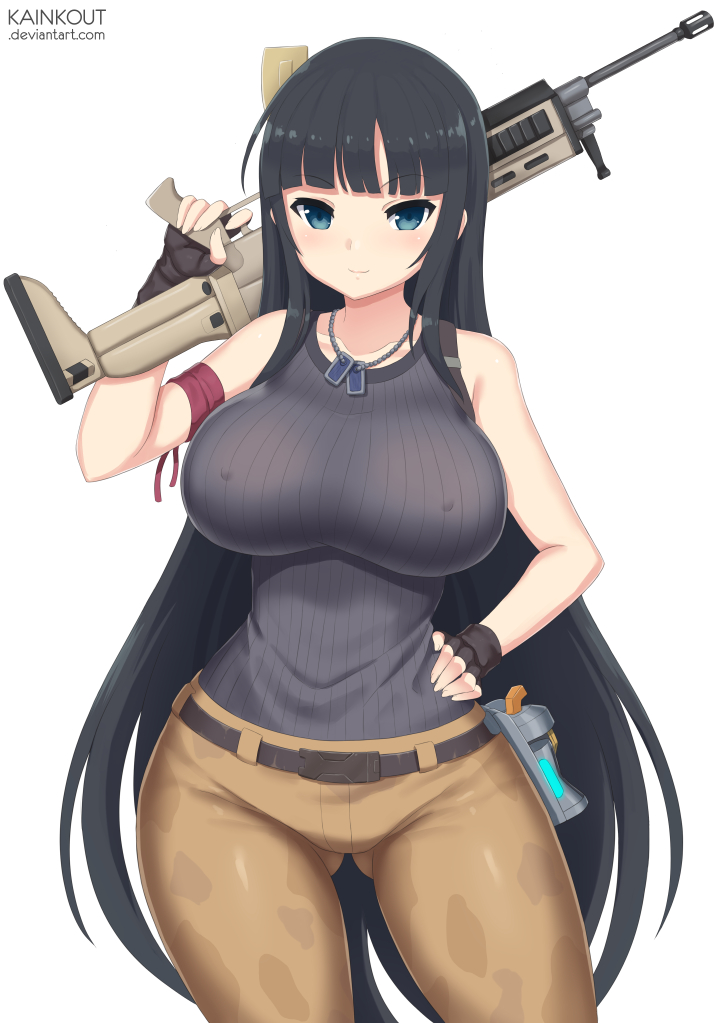 1girl assault_rifle bare_shoulders black_hair blue_eyes breasts camouflage camouflage_pants cosplay dog_tags erect_nipples explosive fingerless_gloves fortnite gloves gluteal_fold grenade gun hand_on_hip ikaruga_(senran_kagura) kainkout large_breasts light_smile long_hair pants ramirez_(fortnite) ramirez_(fortnite)_(cosplay) rifle senran_kagura senran_kagura_(series) solo thighs very_long_hair weapon