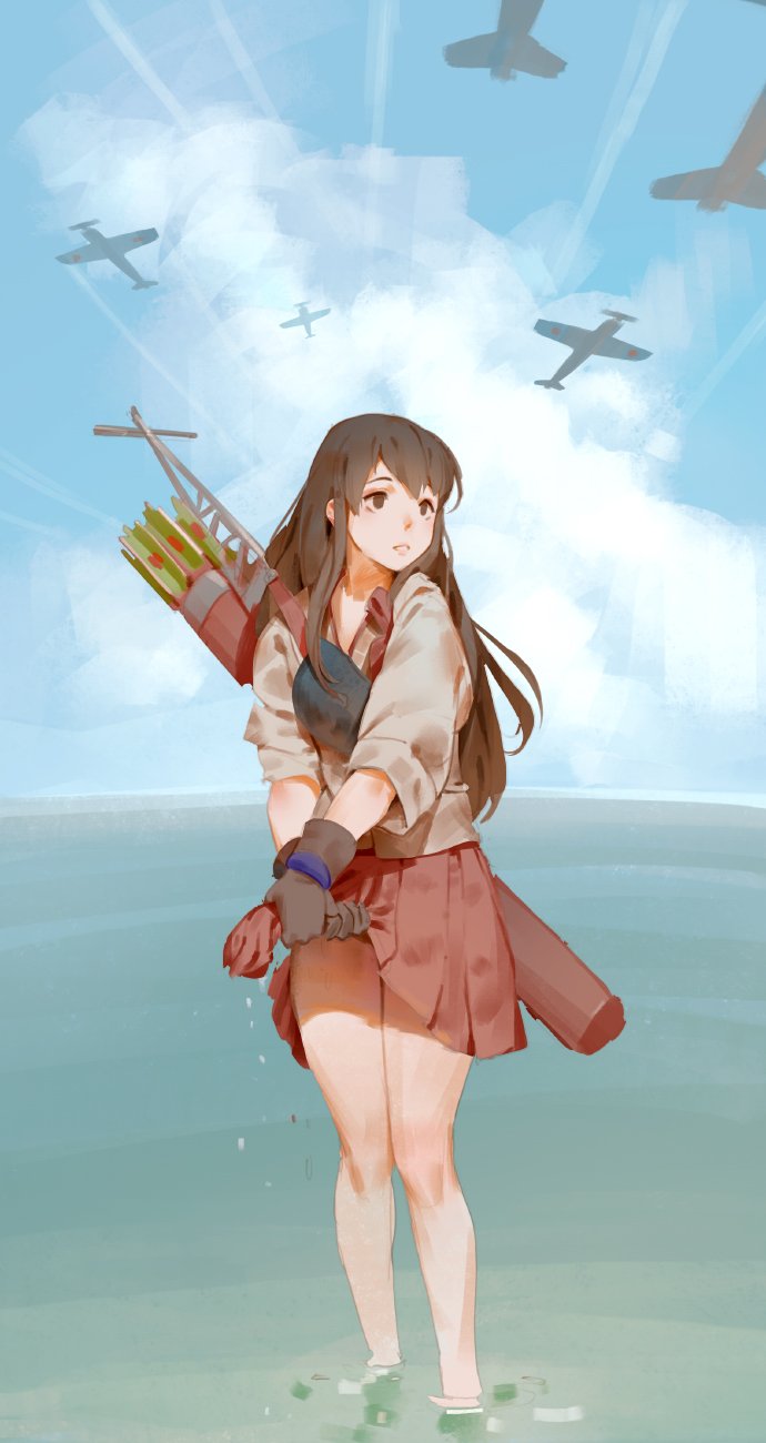 1girl akagi_(kantai_collection) arrow blouse blue_sky brown_eyes brown_gloves brown_hair clouds cloudy_sky commentary_request feet_out_of_frame gloves highres long_sleeves muneate outdoors parted_lips pleated_skirt quiver red_skirt skirt sky solo standing tim_loechner wading wringing_clothes wringing_skirt