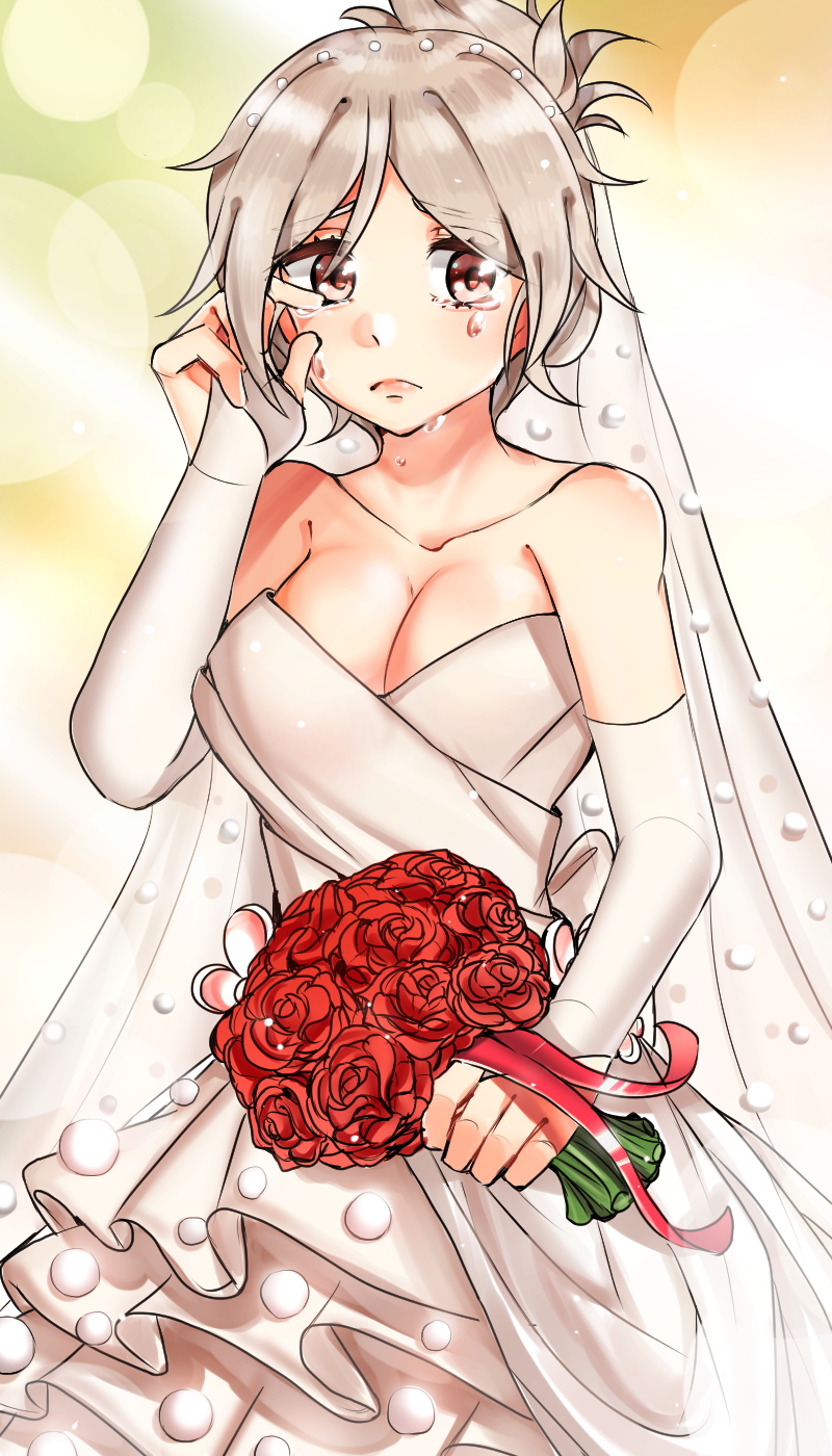 1girl bare_shoulders bouquet breasts bridal_gauntlets bridal_veil brown_eyes cleavage dress elbow_gloves eramey flower folded_ponytail gloves grey_hair highres large_breasts league_of_legends looking_at_viewer red_rose riven_(league_of_legends) rose short_hair solo strapless strapless_dress tears veil wedding_dress white_dress wiping_tears