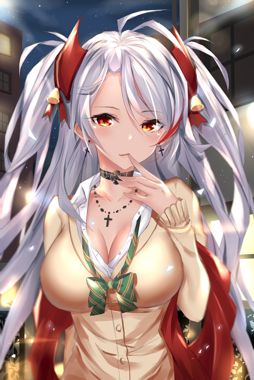 1girl azur_lane bell black_choker breasts choker cleavage cross hair_bell hair_ornament highres iron_cross jewelry large_breasts long_hair looking_at_viewer necklace prinz_eugen_(azur_lane) red_eyes seedkeng silver_hair solo twintails upper_body