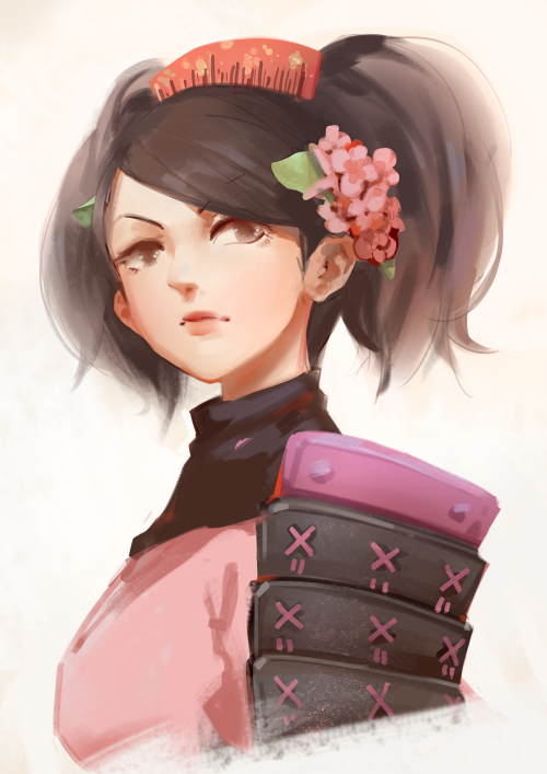 1girl armor bangs brown_eyes brown_hair closed_mouth commentary_request eyebrows_visible_through_hair hair_ornament japanese_armor kusazuri looking_at_viewer momohime oboro_muramasa portrait short_hair solo swept_bangs truc_bui twintails upper_body