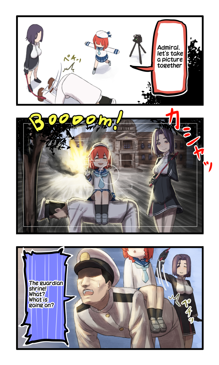 1boy 2girls 3koma admiral_(kantai_collection) camera comic commentary english etorofu_(kantai_collection) explosion faceless faceless_male highres kantai_collection misumi_(niku-kyu) multiple_girls open_mouth shaded_face sitting sitting_on_person sweatdrop tatsuta_(kantai_collection) v whipping