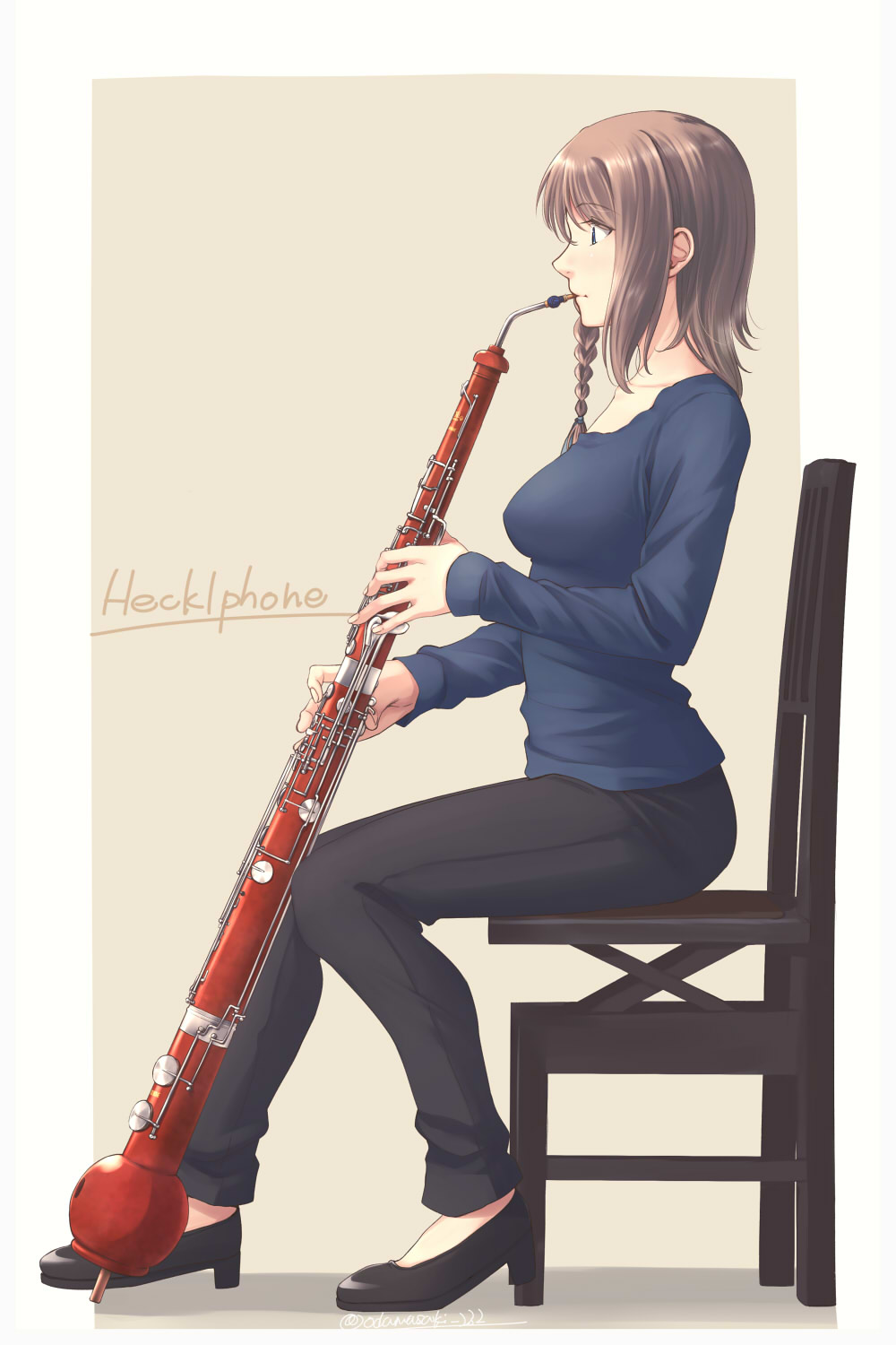 1girl bangs black_footwear black_pants blue_eyes blue_sweater braid brown_background brown_hair chair closed_mouth commentary_request english eyebrows_visible_through_hair fingernails from_side full_body high_heels highres instrument instrument_request long_hair long_sleeves music oda_masaki_(b-minor) original pants playing_instrument profile simple_background sitting solo sweater