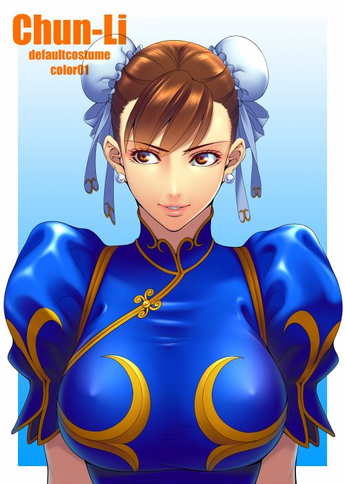 1girl breasts brown_eyes brown_hair character_name chun-li double_bun earrings jewelry ken19941028 solo street_fighter street_fighter_v upper_body