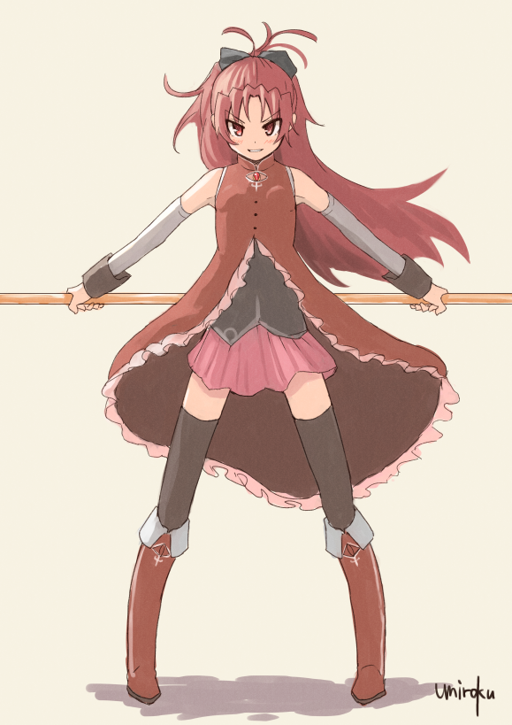 &gt;:) 1girl bangs bare_shoulders black_bow black_legwear blush boots bow detached_sleeves dot_nose dress full_body hair_bow holding holding_staff knee_boots legs_apart long_hair looking_at_viewer mahou_shoujo_madoka_magica pink_background pink_skirt pleated_skirt red_dress red_eyes red_footwear redhead sakura_kyouko simple_background skirt smile solo staff standing thigh-highs umiroku v-shaped_eyebrows vest