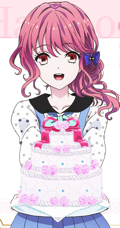 10s 1girl bonjour_koiaji_patisserie cake haruno_sayuri holding_cake long_hair looking_at_viewer neck_ribbon official_art open_mouth overalls pink_eyes pink_hair polka_dot ponytail ribbon simple_background solo white_shirt