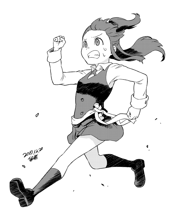 1girl belt clenched_teeth collared_shirt dated from_side full_body greyscale kagari_atsuko little_witch_academia long_hair long_sleeves monochrome running shirt shoes signature skirt socks solo sweatdrop teeth tsukudani_(coke-buta) vest wand wing_collar