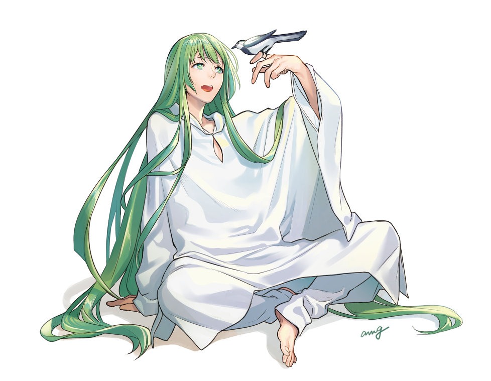 1boy :d amg_(nwmnmllf) androgynous arm_support barefoot bird bird_on_hand commentary_request enkidu_(fate/strange_fake) eyebrows_visible_through_hair fate/grand_order fate/strange_fake fate_(series) green_eyes green_hair hand_up long_hair long_sleeves male_focus open_mouth robe signature simple_background sitting smile solo toenails very_long_hair white_background white_robe