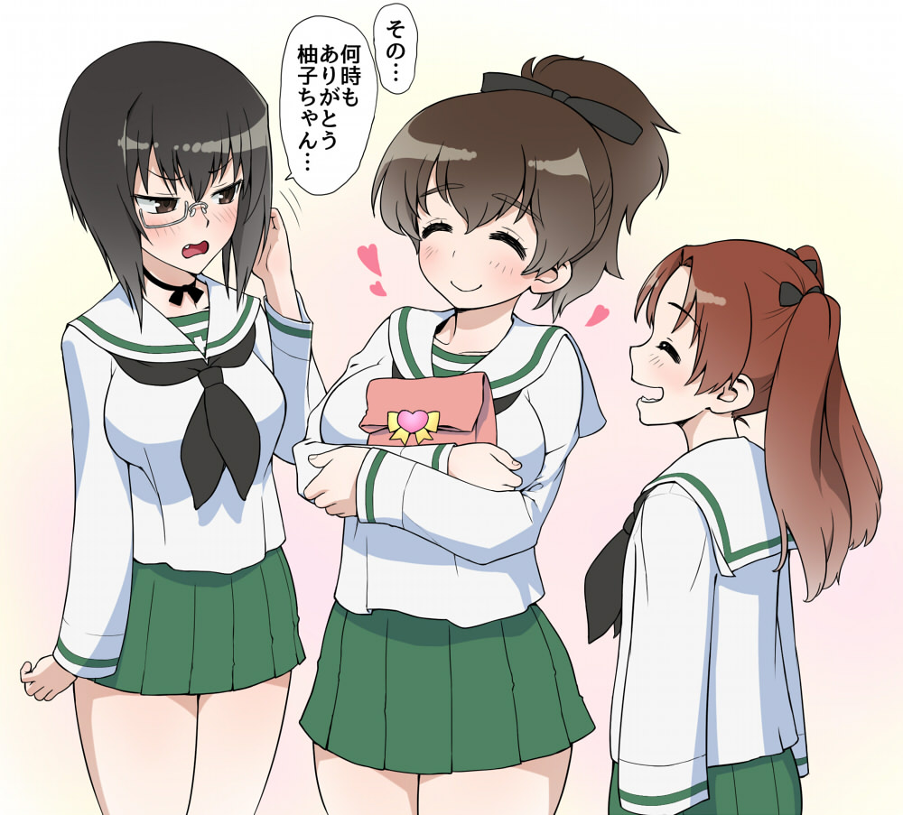 3girls adjusting_hair bag bangs black_bow black_choker black_eyes black_hair black_neckwear black_ribbon blouse bow brown_eyes brown_hair choker closed_eyes closed_mouth crossed_arms eyebrows_visible_through_hair frown girls_und_panzer green_skirt grey-framed_eyewear hair_bow hair_ribbon heart holding kadotani_anzu kawashima_momo koyama_yuzu long_hair long_sleeves looking_at_another miniskirt monocle multiple_girls neckerchief ooarai_school_uniform open_mouth paper_bag parted_bangs pleated_skirt ribbon ribbon_choker school_uniform serafuku short_hair short_ponytail skirt smile translation_request twintails under-rim_eyewear wata_do_chinkuru white_blouse