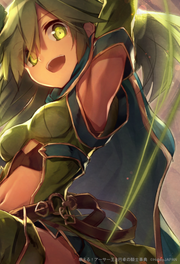 1girl :d arm_up armpits bangs blue_cape blue_skirt breasts cape commentary_request eyebrows_visible_through_hair eyes_visible_through_hair green_eyes green_hair green_legwear green_shirt hair_between_eyes hair_over_one_eye liebe long_hair looking_at_viewer medium_breasts moeru!_jiten navel official_art open_mouth original pleated_skirt shirt skirt smile solo thigh-highs