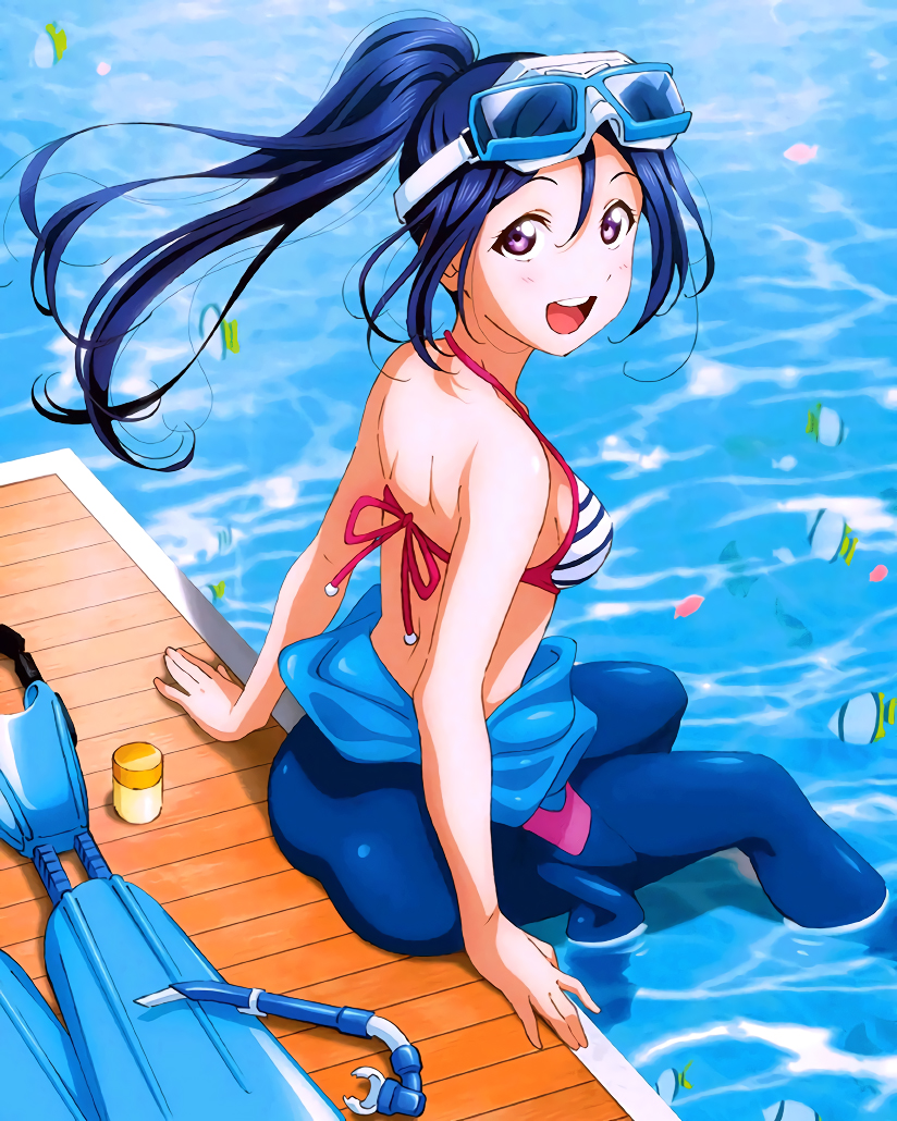 1girl bikini bikini_under_clothes blue_hair fish flippers goggles goggles_on_head halter_top halterneck high_ponytail long_hair love_live! love_live!_sunshine!! matsuura_kanan murota_yuuhei official_art open_mouth round_teeth sitting snorkel soaking_feet solo striped striped_bikini swimsuit teeth upper_teeth violet_eyes water wetsuit