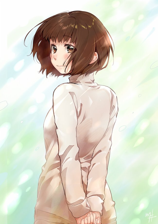 1girl arms_behind_back bangs blush brown_eyes brown_hair closed_mouth copyright_request eyebrows_visible_through_hair fingernails from_behind grey_sweater kawai_makoto light_rays long_sleeves looking_at_viewer looking_back short_hair signature smile solo standing