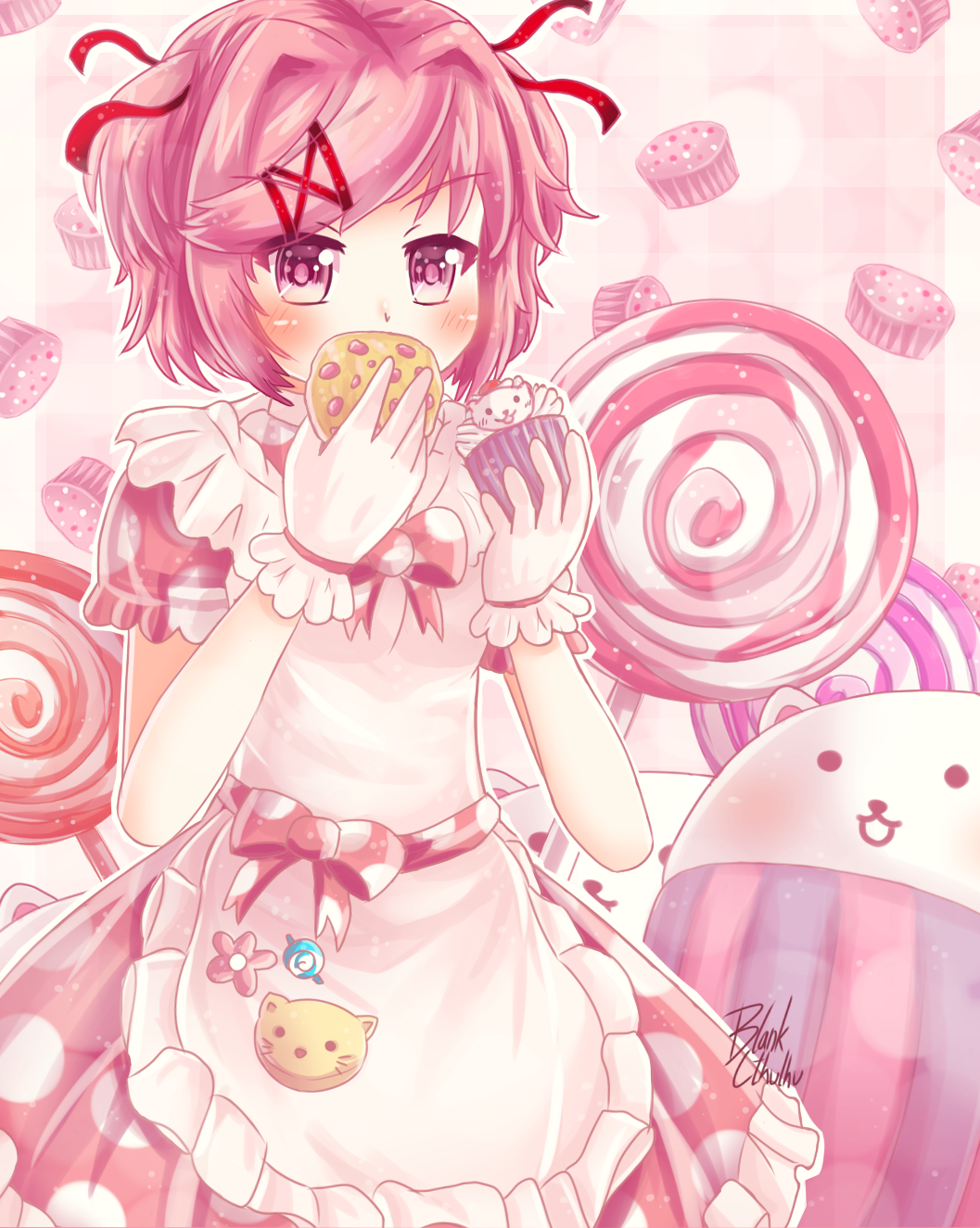 1girl angry blankcthulhu blush candy cat cookie cupcake doki_doki_literature_club dress flower lollipop looking_at_viewer maid_apron natsuki_(doki_doki_literature_club) no_mouth pink_eyes pink_hair polka_dot ribbon solo