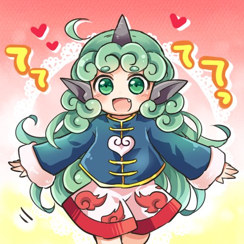 1girl :d ahoge alternate_costume blue_shirt blush curly_hair fang gradient gradient_background green_eyes green_hair heart horn komano_aun long_sleeves looking_at_viewer lowres open_mouth outstretched_arms pink_background pointy_ears pote_(ptkan) shirt shorts smile solo spread_arms touhou wide_sleeves wild_and_horned_hermit