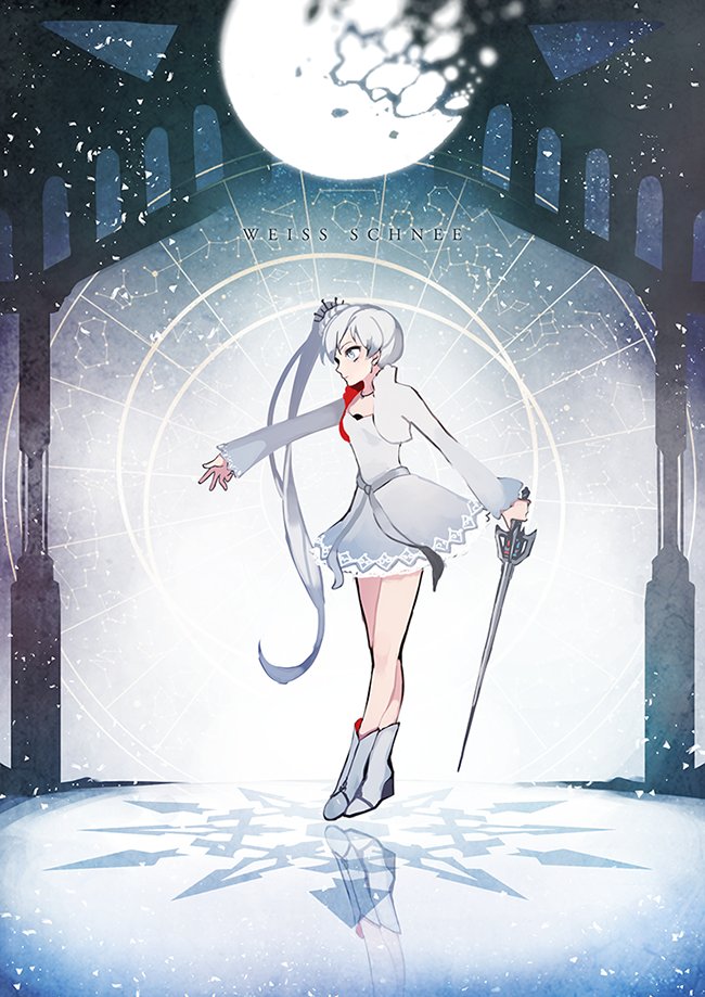 1girl blue_eyes broken_moon character_name ecru emblem moon myrtenaster reflective_floor rwby scar scar_across_eye solo weiss_schnee white_hair