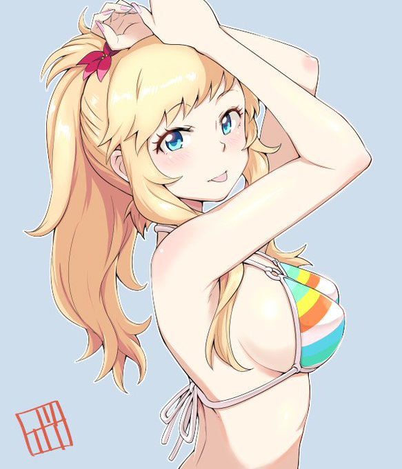 1girl :p arms_up bikini bikini_top blonde_hair blue_background blue_eyes bowieknife breasts flower from_side hair_flower hair_ornament idolmaster idolmaster_cinderella_girls long_hair looking_at_viewer multicolored multicolored_bikini multicolored_clothes o-ring o-ring_top ootsuki_yui ponytail sideboob sidelocks simple_background solo striped striped_bikini swimsuit tongue tongue_out