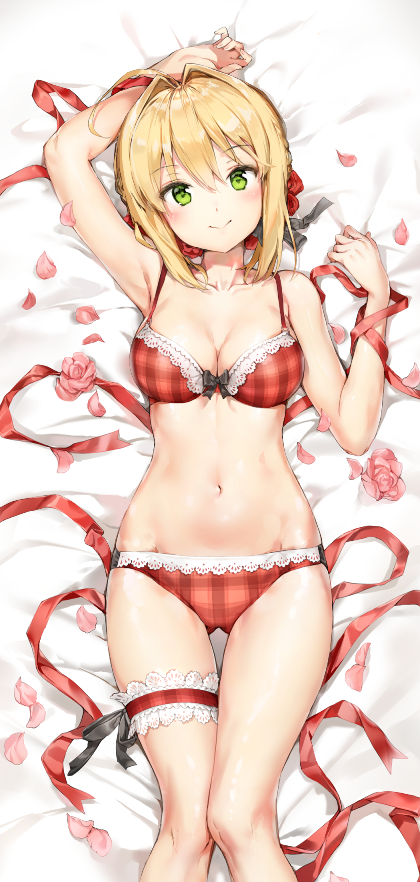 1girl :&gt; ahoge anmi arm_up armpits bed_sheet blonde_hair bra breasts cleavage closed_mouth collarbone dakimakura fate/extra fate_(series) flower green_eyes hair_flower hair_intakes hair_ornament hair_ribbon highres knees_together_feet_apart lace lace-trimmed_bra lace-trimmed_panties large_breasts leg_garter looking_at_viewer navel nero_claudius_(fate)_(all) panties petals plaid plaid_bra plaid_panties red_bra red_panties ribbon sheet_grab short_hair smile solo underwear underwear_only