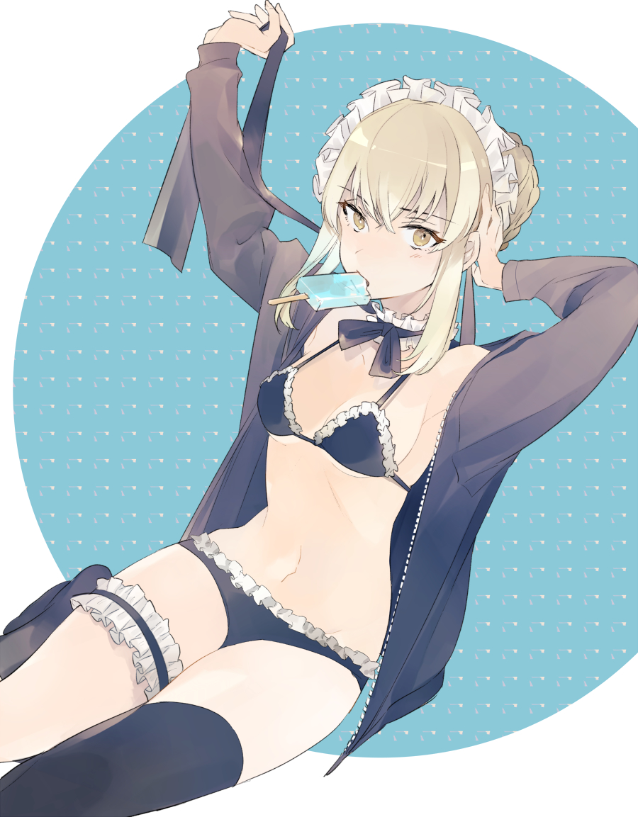 1girl arms_up artoria_pendragon_(all) bangs bare_shoulders bikini black_bikini black_jacket black_legwear blonde_hair blue_background braid breasts eating eyebrows_visible_through_hair fate/grand_order fate_(series) food frilled_bikini frills hair_bun headdress invisible_chair jacket leg_garter legs_together looking_at_viewer lowe_(slow) maid maid_bikini maid_headdress medium_breasts mismatched_legwear mouth_hold navel off_shoulder open_clothes open_jacket popsicle saber_alter sidelocks single_thighhigh sitting solo swimsuit thigh-highs tying_hair yellow_eyes