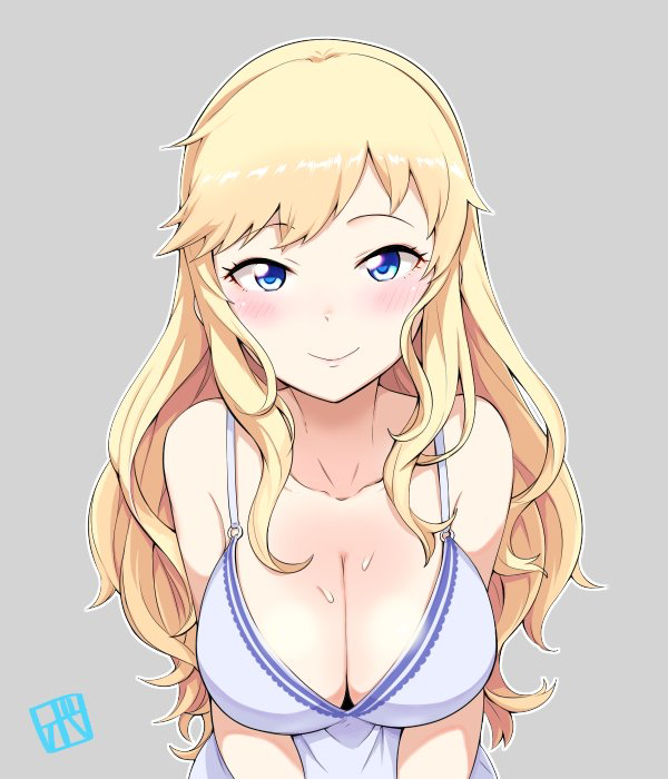 1girl artist_logo blonde_hair blush bowieknife breast_squeeze breasts cleavage closed_mouth collarbone grey_background hair_down idolmaster idolmaster_cinderella_girls large_breasts long_hair looking_at_viewer o-ring_top ootsuki_yui sidelocks simple_background smile solo sweat upper_body