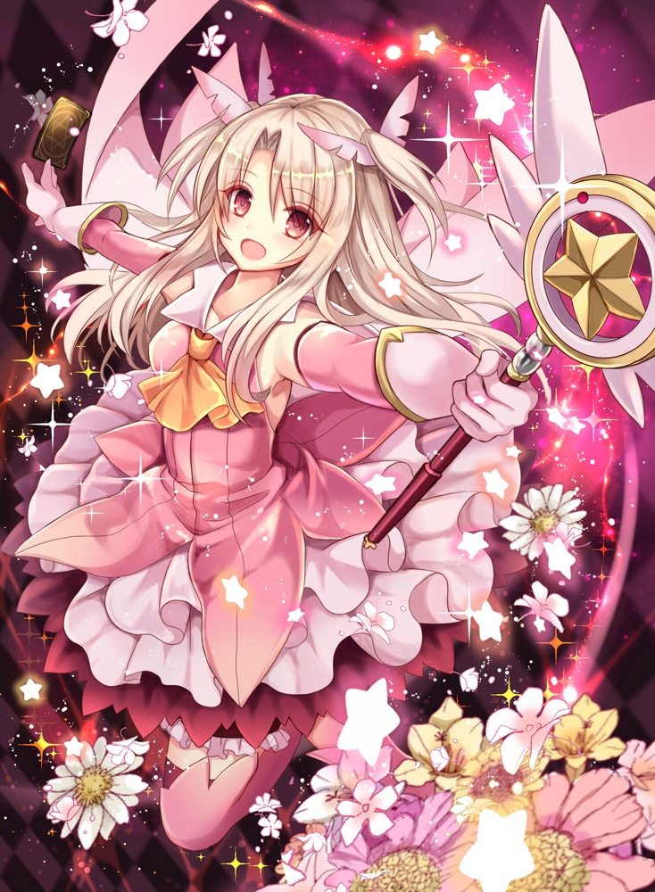 1girl :d armpits ascot bangs between_fingers breasts card collared_shirt commentary_request detached_sleeves eyebrows_visible_through_hair fate/kaleid_liner_prisma_illya fate_(series) feathers flower gloves hair_between_eyes hair_feathers hexagram holding holding_wand illyasviel_von_einzbern kaleidostick light_brown_hair long_hair long_sleeves looking_at_viewer magical_girl nozomi_fuuten open_mouth orange_neckwear outstretched_arms pink_feather pink_flower pink_gloves pink_legwear pink_shirt pink_skirt prisma_illya red_eyes shirt skirt sleeveless sleeveless_shirt small_breasts smile solo spread_arms star thigh-highs two_side_up very_long_hair wand white_flower