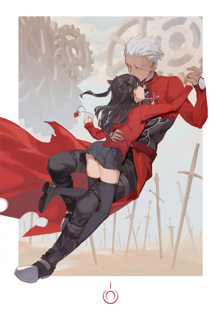 1boy 1girl archer black_footwear black_hair black_legwear black_pants black_skirt boots cape closed_eyes dark_skin dark_skinned_male fate/stay_night fate_(series) field_of_blades fingernails gears hand_holding holding hug jacket jewelry long_sleeves looking_at_another pants pendant planted_sword planted_weapon pleated_skirt red_cape red_shirt shirt shoes silver_hair skirt sword thigh-highs tohsaka_rin truc_bui unlimited_blade_works waist_cape weapon