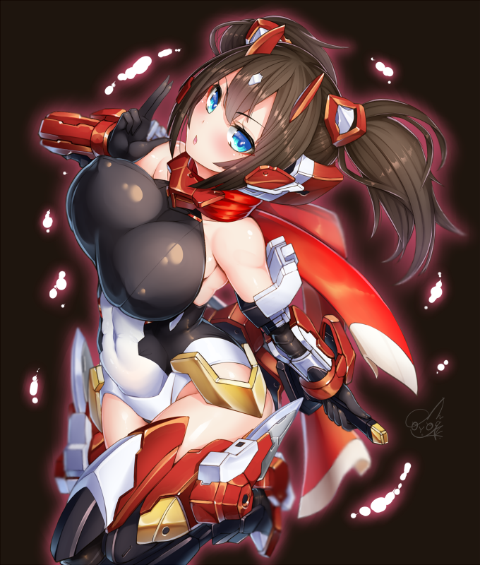 1girl asra_ninja blue_eyes breasts brown_hair copyright_request doyouwantto kotobukiya leotard mecha_musume megami_device nipples open_mouth short_twintails twintails