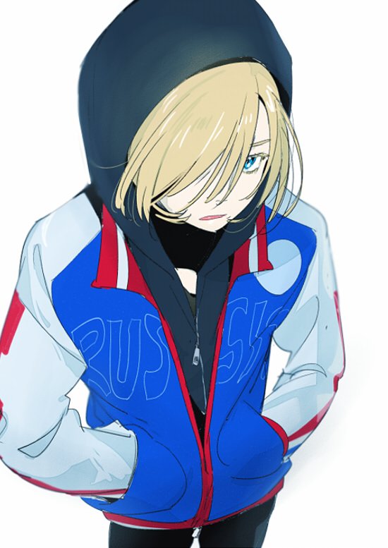1boy blonde_hair blue_eyes commentary_request copyright_request cowboy_shot hair_over_one_eye hands_in_pockets hood hood_up hoodie jacket kawai_makoto long_sleeves looking_at_viewer male_focus one_eye_covered parted_lips simple_background solo standing white_background